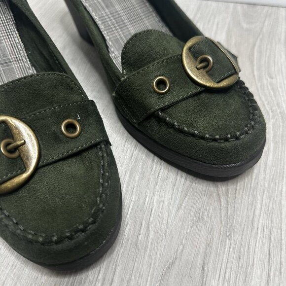 American Eagle Womens Y2K Wedge Loafers Shoes Sz 11 Green Buckle Preppy Academia - Picture 3 of 9